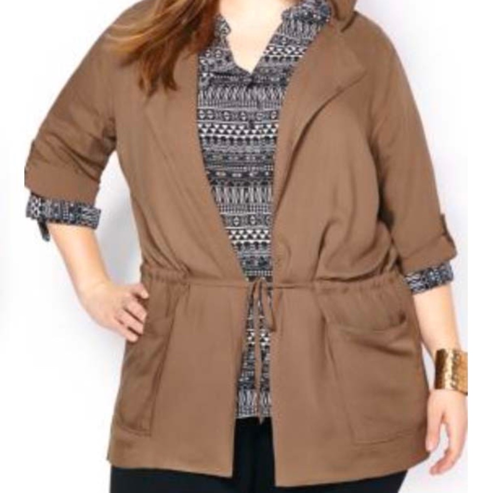 SAFARI JACKET, SOFT RAYON, TAUPE, SIZE 4X, ¾ SLEEVES, OPEN FRONT, WAIST DRAWSTRI